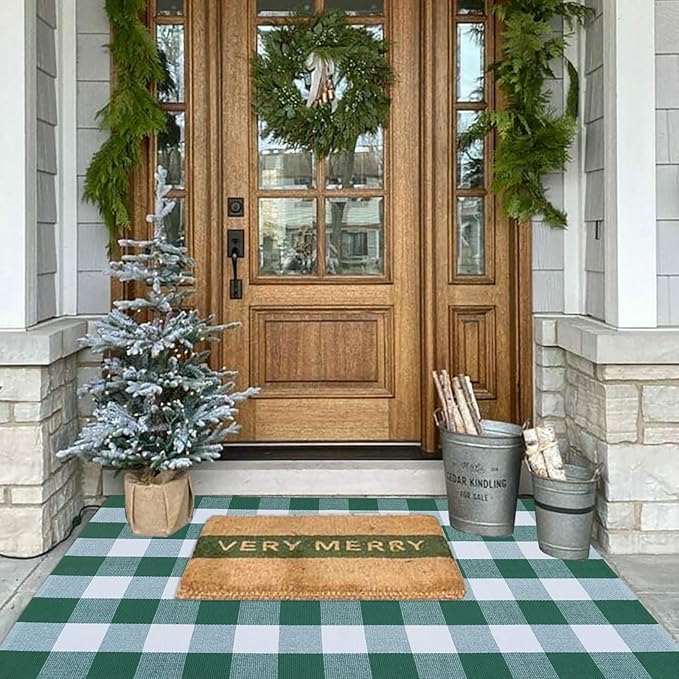 CAINANEL Green and White Buffalo Plaid Outdoor Rug Spring Door Mat Layering Rug Welcome Doormats for Spring Easter Farmhouse Entrance Porch Outdoors Decor