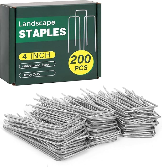 CEWOR 200 Pack Landscape Staples 4 Inches, Galvanized Metal Garden Stakes Landscaping Landscape Fabric Staples Sod Pins for Lawn, Barrier Fabric, Garden Fence, Ground Cover