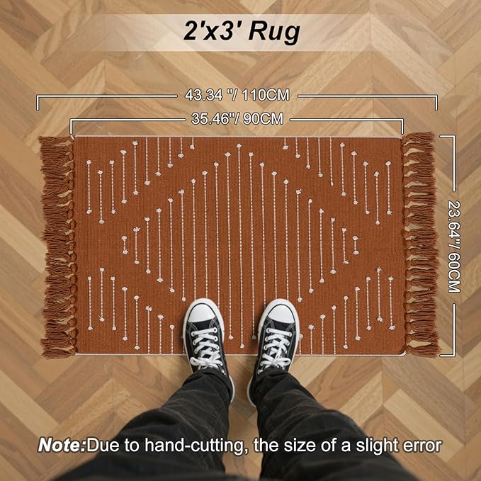 LIVEBOX Burnt Orange Bathroom Rug, Fall Washable Cotton Throw Rug for Bath Entryway Kitchen Sink, Boho Woven Front Door Halloween Decor Rugs with Tassel (2'x3')