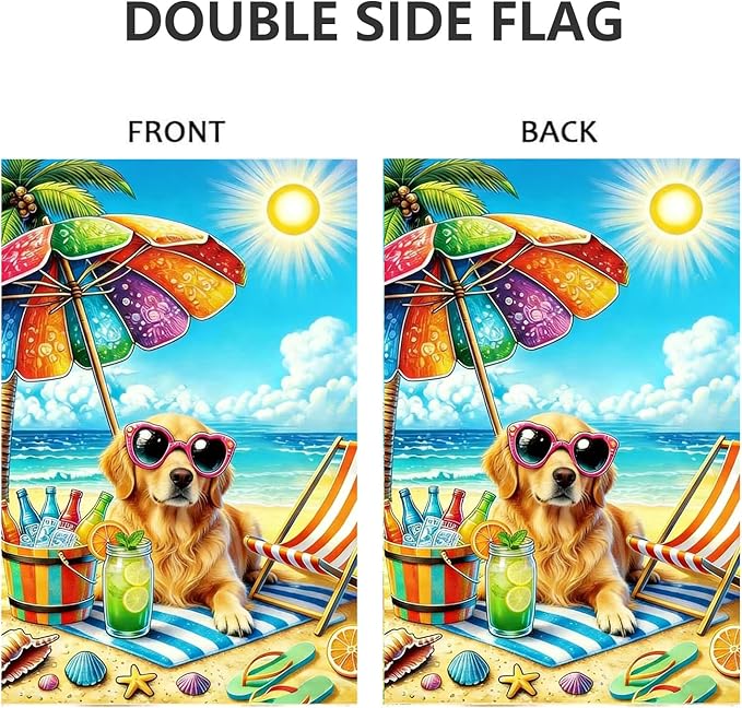 Summer Garden Flag 12x18 Double Sided, Burlap Seasonal Beach Golden Retrieve Dog Garden Flags Summer Decorations Outdoor, Small Decorative Yard Lawn Porch Flags for Outside Decor