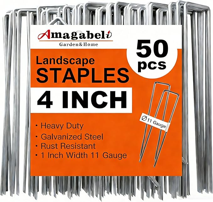AMAGABELI GARDEN & HOME 4 Inch 50 Pack Galvanized Landscape Staples Garden Staples 12 Gauge Garden Stakes Plant Cover Stakes U-Shaped Landscape Stakes Landscape Pins for Weed Barrier Fabric