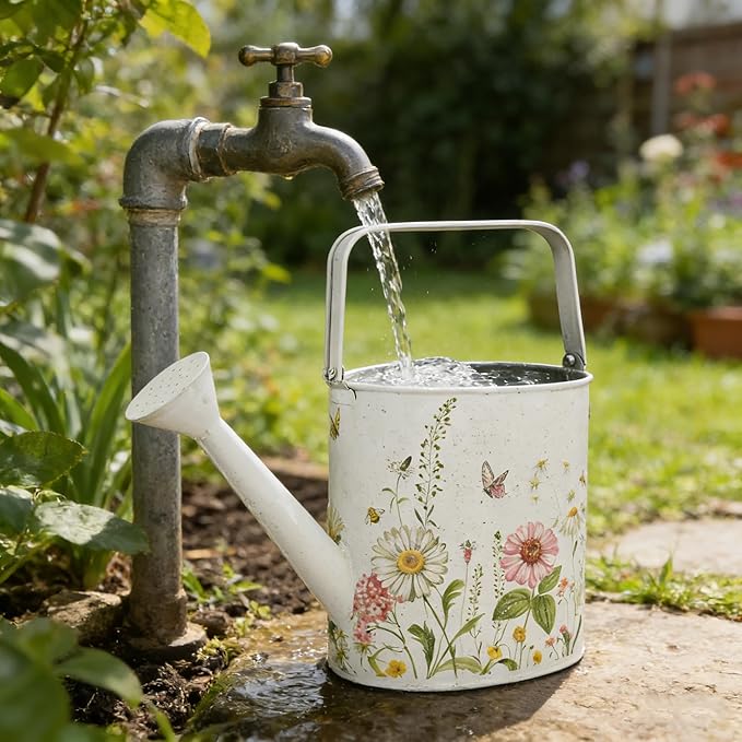 Vintage Floral Metal Watering Can for Indoor/Outdoor Plants, White Functional Garden Waterer with Long Spout, Garden Water Pot Rustic Decor for Home Garden Patio