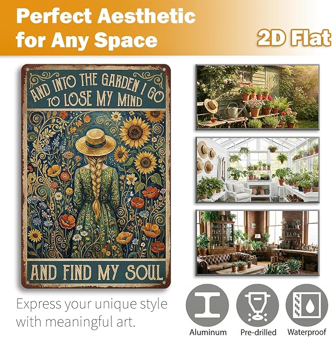 Van Gogh Style Garden Tin Sign - "Into The Garden I Go" Inspirational Metal Plaque with Sunflowers & Girl - 8x12 Aluminum Wall Decor - Metal Sign Artistic Garden Art for Shed, Gardeners, Mom, Women
