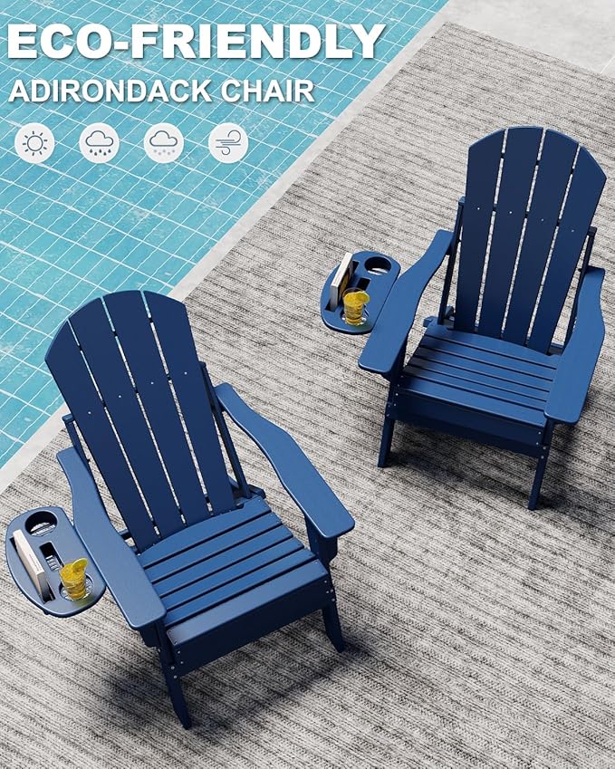 Adjustable Adirondack Chair with Cup Holder, All Weather HDPE Fire Pit Chairs for Deck, Backyard, Patio, Navy Blue