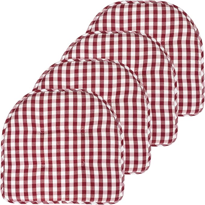 Sweet Home Collection Chair Cushion Memory Foam Pads Tufted Slip Non Skid Rubber Back U-Shaped 17" x 16" Seat Cover, 4 Count (Pack of 1), Checkered Wine/White