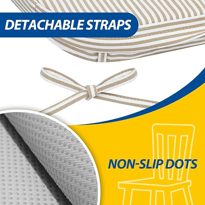 AAAAAcessories D-Shaped Chair Cushions, 2" Thick Dining Chair Pads with Ties and Removable, Machine-Washable Cover, 17" x 16", Set of 6, Natural Sand Pinstripe