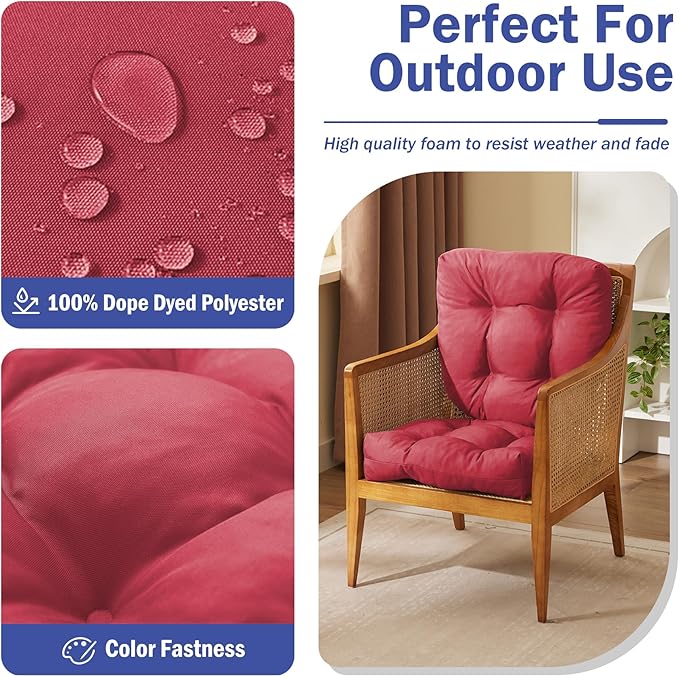 Outdoor Chair Cushions Set of 2, Patio Chair Cushions with Ties, 17x17+4” Tufted Outdoor Seat Cushions, Waterproof Patio Furniture Cushions, Outdoor Dining Chair Pads, Burgundy (Pack of 2)