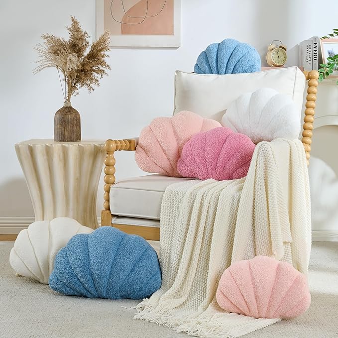 Shell Pillow Seashell Decorative Pillow Blue Beachy Coastal Shell Shaped Throw Pillows 13x10 Inch Soft Ocean Beach Sea Shell Plush Pillows Cushion for Bed Couch Living Sofa Room Decor
