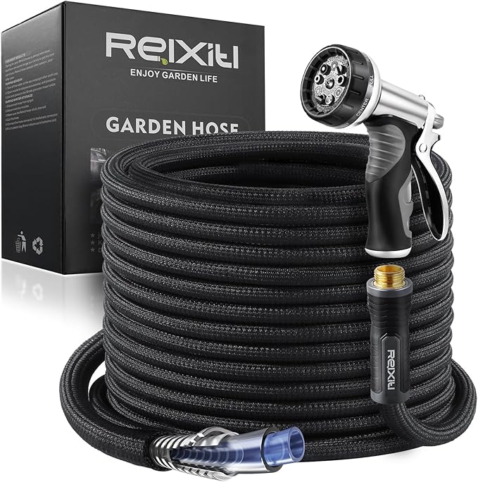 Relxitl Garden Hose, Flexible Water Hose, Ultra Lightweight Non-Expanding hose with 10 Function Sprayer, Leak proof, Pressure Resistant for Yard, Outdoor (Black, 15FT)