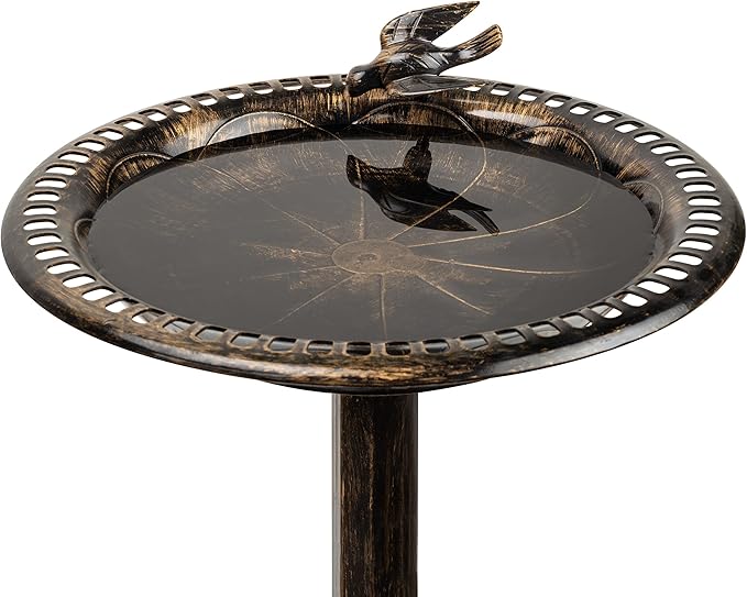 Alpine Corporation 27" Tall Outdoor Antique Pedestal Birdbath with Bird Statue Decor, Durable Polypropylene Construction, Bronze