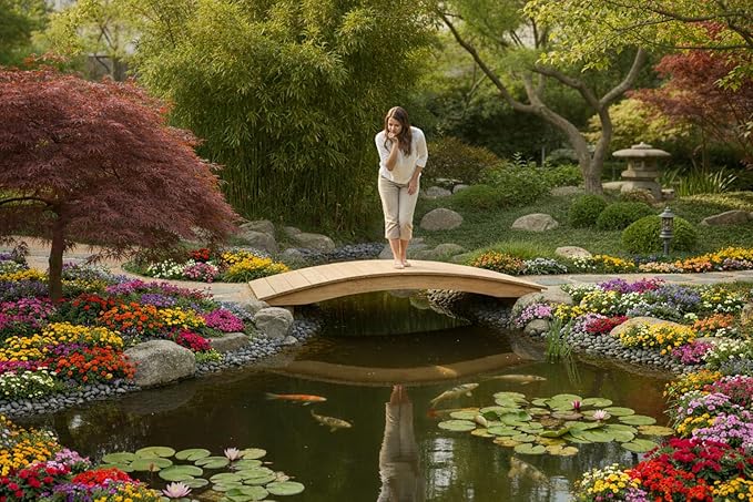 6 FT NATURAL Amish Made Pinewood Heavy Duty Garden Bridge for Walkway, Backyard Pond & Landscaping, Outdoor Wooden Footbridge for Koi Pond, Japanese Style Decorative Bridge, Made in USA