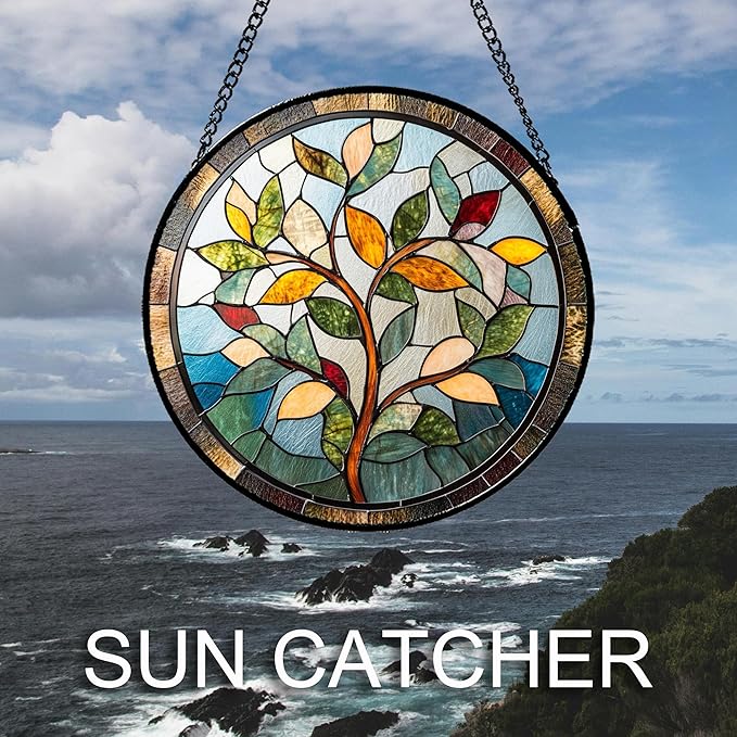 Stained Glass Window Hanging Colorful Tree of Life Large 15" - Plant Leaves Suncatcher Door Garden Sun Catcher Home Decor Birthday Christmas for Mom Men Woman Nana Friend