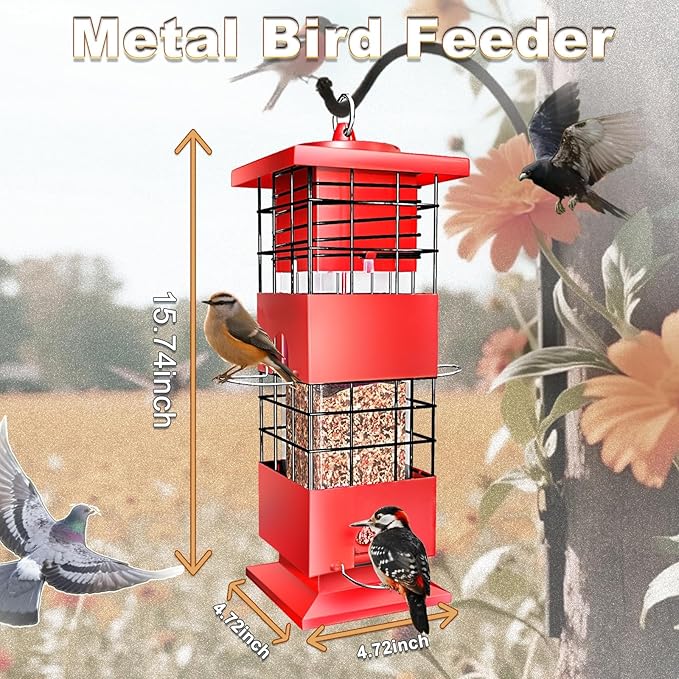 Squirrel Proof Bird Feeders for Outdoors, 3 LBS Large Birdfeeders Outside Hanging, Metal Bird Feeder with 4 Feeding Ports, Weight Activated Backyard Wild Bird Feeders for Finch, Cardinal, Bluebird