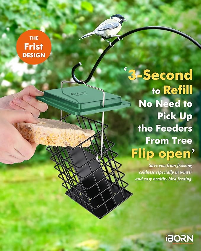 iBorn Double Suet Feeder- Metal Roof Bird Feeder with Taller Grid for Woodpeckers, Suet Cake Cage Bird Feeder for Outdoors Hanging,Easy-Clean & Refill,Green (1 Pack)