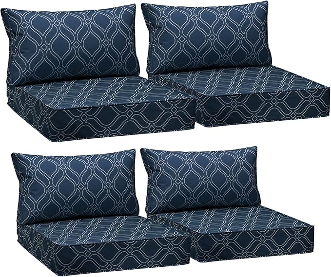 AAAAAcessories Outdoor Seat Cushions for Chairs, Fade-Resistant, Waterproof Patio Furniture Replacement Cushions, 25.5" x 25.5" x 5" + 25.5" x 13.5", Set of 4, Slate Blue Vine Trellis