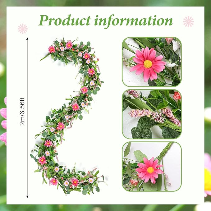 6 Ft Pink Flower Garland Silk Artificial Wildflower Daisy Flowers Faux Floral Garland Spring Flower Hanging Vines with Green Leaves for Fireplace Wedding Arch Wall Home Indoor Outdoor Party Decor