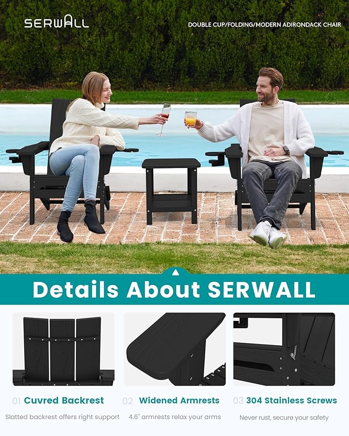 SERWALL Adirondack Chair with Dual Cup Holders, Folding Modern Adirondack Chair, HDPE Outdoor Fire Pit Chair for All Weather Using, Black