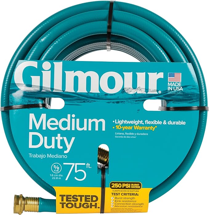 Gilmour Medium Duty 5/8" x 75' Garden Hose, Flexible and Kink Resistant Outdoor Hose