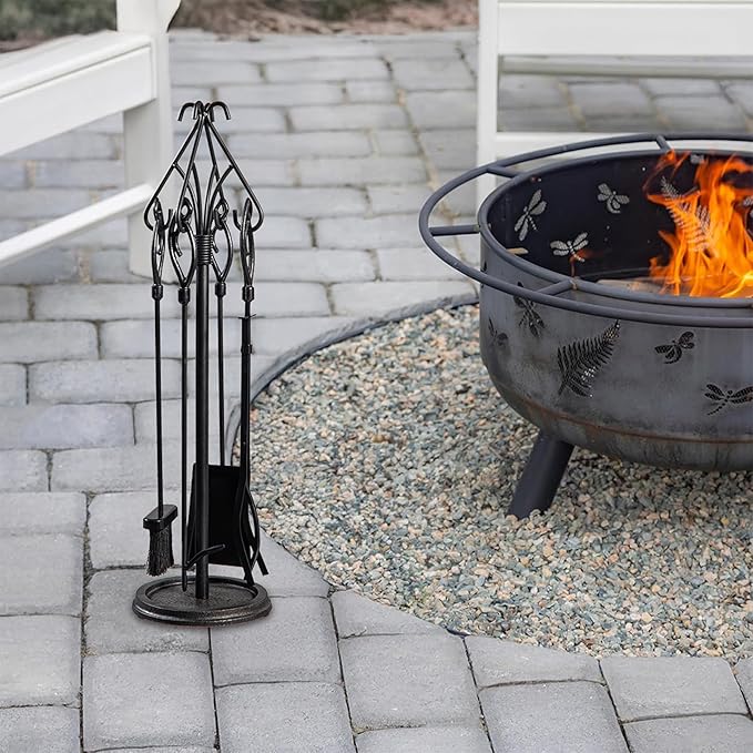 Plow & Hearth Gothic 5 Piece Fireplace Tool Set with Poker Tongs Shovel Broom and Stand | 32.5" H | Black Wrought Iron Handle for Outdoor Indoor | Wood Stove Firepit Accessory