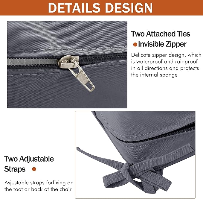 Outdoor Chair Cushions 16 x 17 Inch, Set of 4, Waterproof Patio Chair Cushions with Tie 5 Year Color Fastness Thick Outdoor Seat Cushion for Garden Lawn Patio Furniture Dark Grey