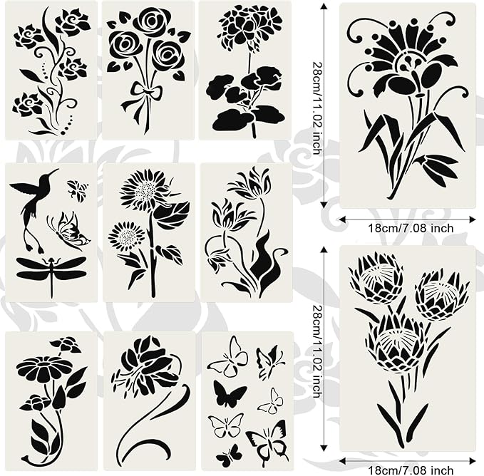 Flower Stencils for Painting Reusable Wall Stencil for Crafts Large Floral Design Templates for DIY Home Decor Art Projects,11 PCS