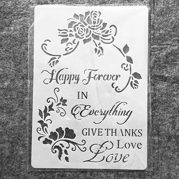 TIAMECH A4 Reusable Happy Forever Stencil for Painting - Flower Love Layering Template, DIY Wall Art, Wood Furniture, Scrapbook & Crafts (8.3x11.7inch)