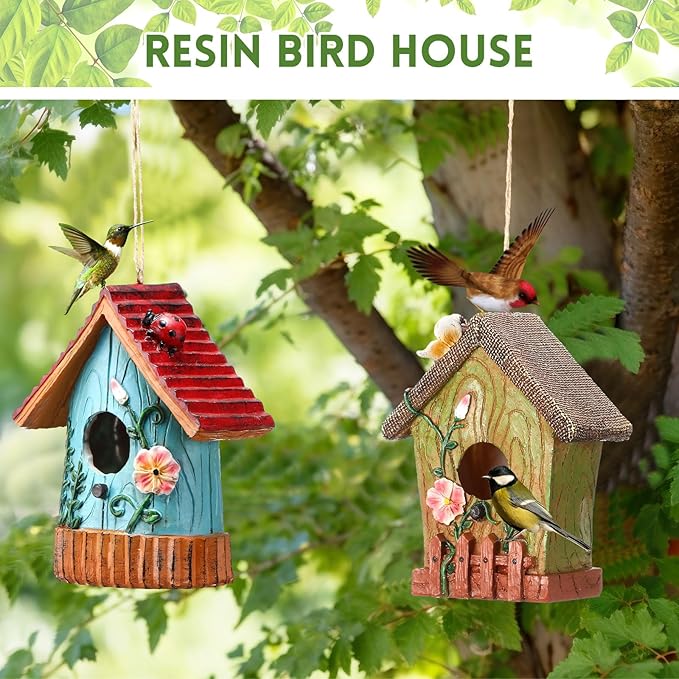 2 Pack Bird Houses for Outside Decorative Birdhouse for Outdoor Hanging Cute Resin Birdhouses with Hemp Rope Nesting Flower Hanging Birdhouse Gift Bird Lover Garden Decorations Water Proof