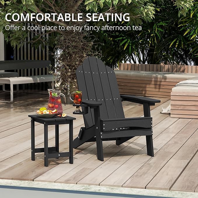 LUE BONA Folding Adirondack Chair 3 Piece Set, Black HDPS Outdoor Chair with Side Table & Cup Holder for Fire Pit Porch Seating