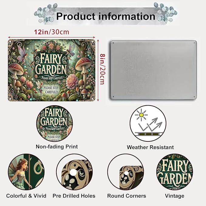 Gardening Gifts Vintage Garden Metal Sign "FAIRY GARDEN" Retro Gardening Tin Plate Wall Decor for Home Garden Yard Cottage Greenhouse Outdoor Decor (8x12 Inch)