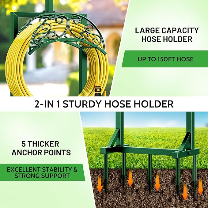 Garden Hose Holder - Upgraded Water Hose Holders for Outside with 5 Spikes & 2 Shepherds Hooks, Freestanding Hose Stand Hose Hanger Hose Storage Hose Reel Rack for Yard Lawn(Green)