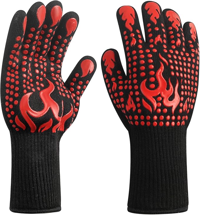 1 Pair/2 Pieces BBQ Gloves, Grilling Gloves, Heat Resistant Barbecue Oven Gloves, 1472°F/800°C Kitchen Fireproof Mitts Heat Proof for Grilling, Baking, Cooking, Welding Gloves Mitts - Red