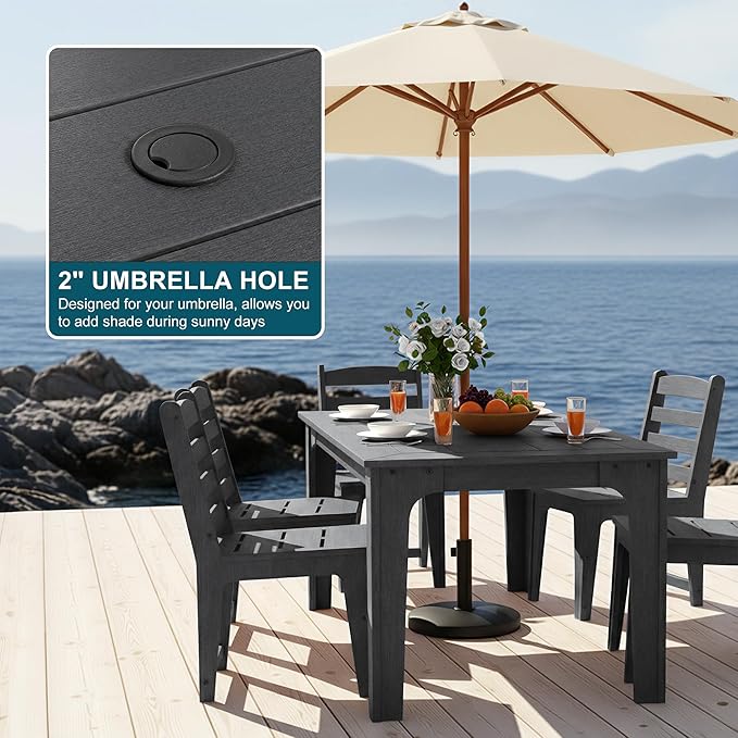 7-Piece HDPE Patio Dining Set, Weather-Resistant Outdoor Table with 2/1.5-Inch Umbrella Hole, Never Sagging One-Piece Tabletop with Metal Support Bars for Poolside Backyard Garden (Black)