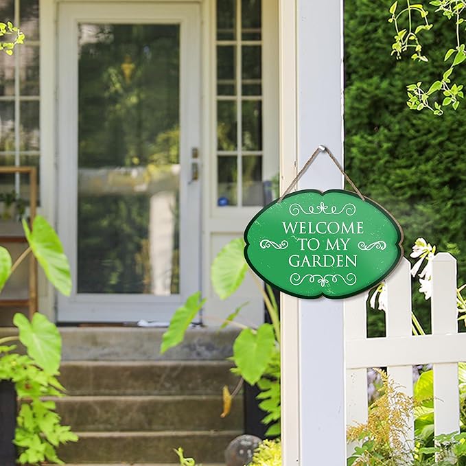 Rustic Garden Hanging Sign, Welcome To My Garden Wooden Decor, Yard Welcome Sign Gardening Gifts and Decorations for Gardeners Plant Lovers 7 x 10 Inch (Green)