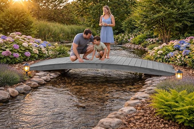 12 FT Grey Amish Made Pinewood Heavy Duty Garden Bridge for Walkway, Backyard Pond & Landscaping, Outdoor Wooden Footbridge for Koi Pond, Japanese Style Decorative Bridge, Made in USA