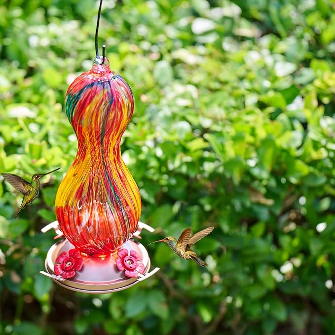 Hummingbird Feeder for Outdoors Hanging, Hand Blown Glass 24 OZ Capacity Hummingbird Bird Nectar Feeders with 4 Feeding Ports, Gifts for Women Mom Outside Garden Backyard Decor (Yellow-Green)