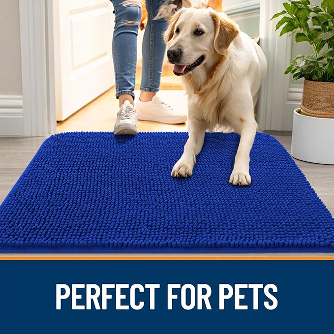 OLANLY Dog Door Mat for Muddy Paws 45x27, Absorbs Moisture and Dirt, Absorbent Non-Slip Washable Doormat, Quick Dry Chenille Mud Mat for Dogs, Entry Indoor Entryway Carpet for Inside Floor, Royal Blue