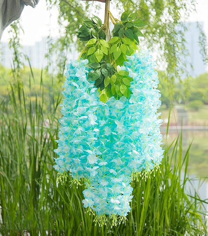 Artificial Flowers Hanging Flowers, Fake Wisteria Flower Garland Silk Vines Rattan String Decor for Home Wedding Arch Wall Garden Greenery Bedroom Outdoor Office Party Decoration (36, Blue)