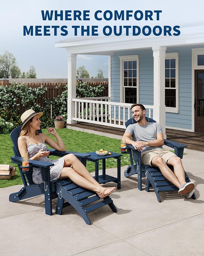 Folding Adirondack Chair Set of 4 with Ottoman, All-Weather HDPE Outdoor Chair, Wooden Textured with Cup Holder for patios, Decks, Gardens, fire pits, Navy Blue