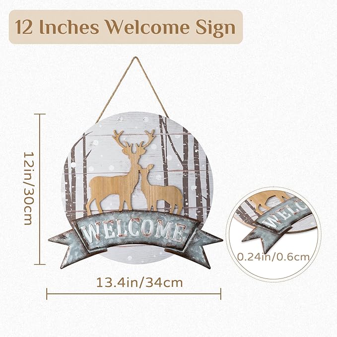 Christmas Deer Winter Door Sign Decor - Walasis 3D Reindeer Hanging Decoration for Wall Rustic Welcome Signs for Front Door Wood Xmas Wreath Sign for Indoor Outdoor