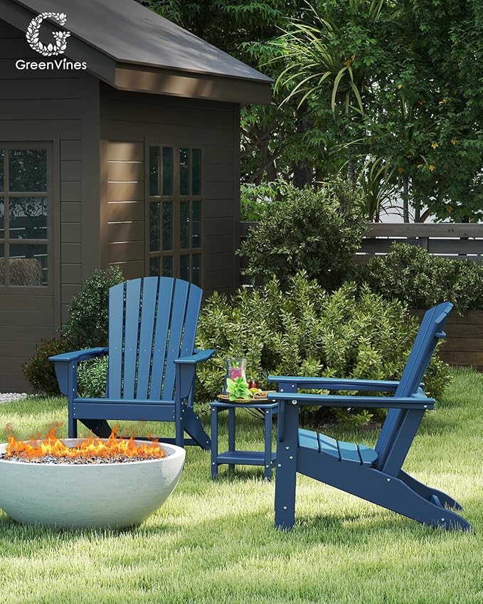 GREENVINES Adirondack Chairs Set of 2 | HDPE Plastic | Oversized Fire Pit Chair | All Weather | Blue | Poly Lumber | for Outdoor Deck Backyard Patio