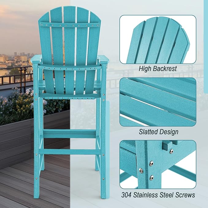 Giantex HDPE Outdoor Bar Stools - All Weather Tall Adirondack Chair with Armrest, Footrest, Load 360Lbs, 30-Inch Counter Height Bar Stool for Patio, Garden, Yard, Indoor Or Outdoor Use (1, Turquoise)