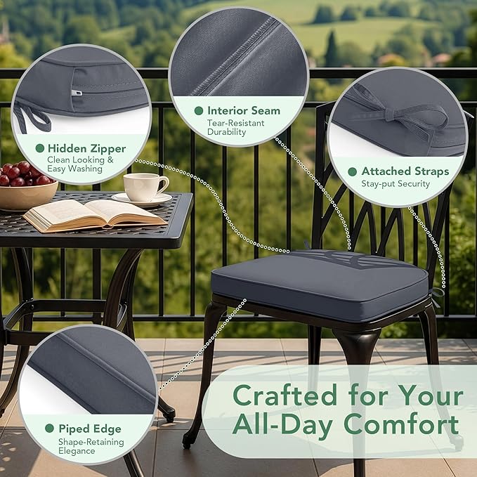 Outdoor Chair Cushions Set of 2: Waterproof & Fade Resistant Patio Furniture Cushions - 19 x 19 x 2 Inch Non Slip Round Corner Seat Cushion Pads with Removable Cover for Garden Yard Lawn, Dark Grey