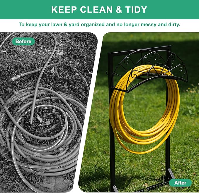 Garden Hose Holder with Stable Base and Tool Hooks, Heavy-Duty Metal Hose Hanger Garden Hose Storage Holds 151Ft Hose, Rustproof Freestanding Water Hose Rack for Yard, Lawn