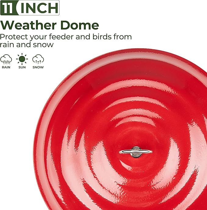 Kingsyard 11 Inch Metal Weather Protective Dome, Large Rain Guard Cover, Hanging Baffle for Outdside Bird Feeders, Rust Proof & Easy to Clean, Red