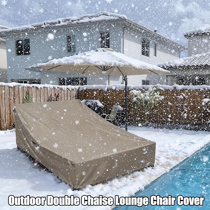 Double Chaise Lounge Cover Outdoor 100% Waterproof Weather-resistant Polyester Fabric Patio Double Wide Lounge Chair Covers All-season Weatherproof Protection Cover for Outdoors Furniture, Camel