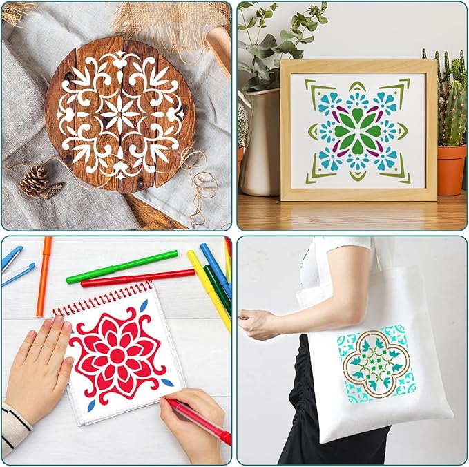 8 PCS Reusable Stencils, Mandala Templates for Painting on Fabric Furniture Wood Floor Wall Tile DIY Art Scrapbook Home Decoration, 5 x 5 Inch