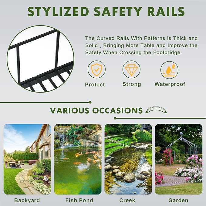 Metal Garden Bridge 8 FT with 4 Ground Stakes, 770 lbs Capacity Black Powder Coated Footbridge for Backyard, Lawn, Creek, Stream & Garden Decor