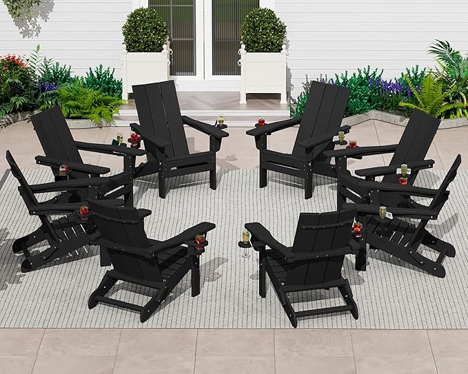 SERWALL Adirondack Chair Set of 6 with Dual Cup Holders, Folding Modern Adirondack Chairs, HDPE Outdoor Adirondack Chair for Patio, Black