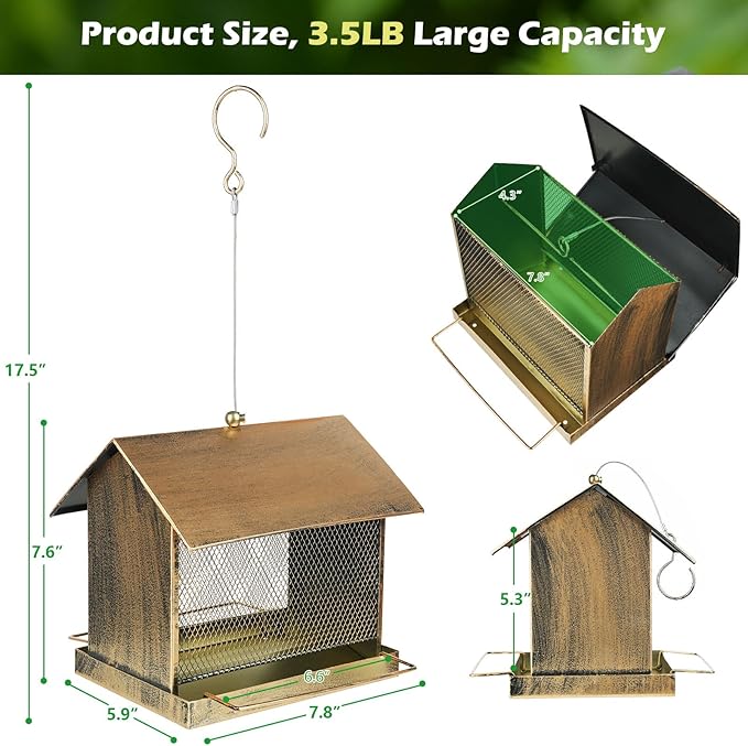 Bird Feeder, Heavy Duty Metal Wild Birdfeeder with Buckle for Outdoor Garden Yard Outside Hanging, House Shape Large Capacity