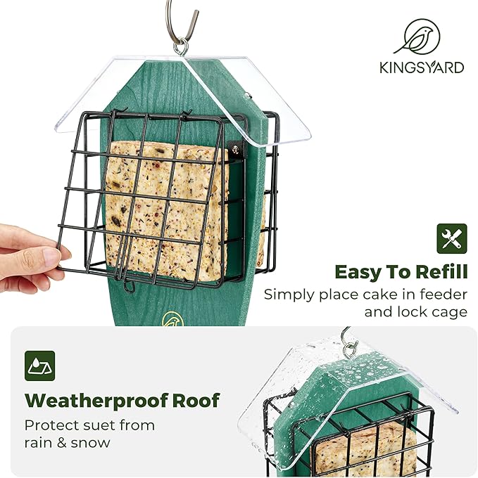 Kingsyard Double Suet Feeder for Outdoors Hanging, Recycled Plastic Tail-Prop Suet Bird Feeders with Rainproof Roof, Great for Woodpecker Chickadee Nuthatch (Green)